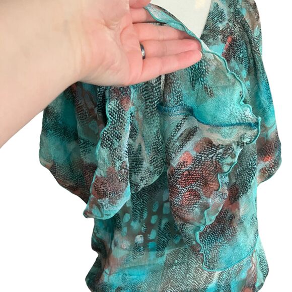 Zac & Rachel teal abstract animal print flowy blouse, sz S, artsy, banded waist - Picture 3 of 10